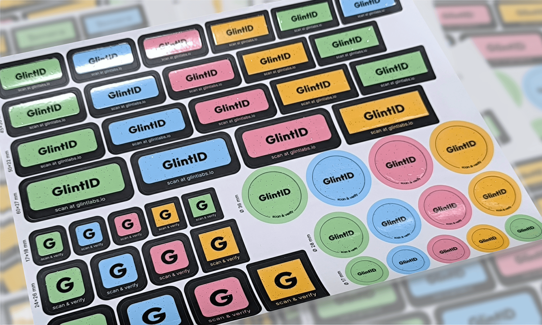 GlintID label samples in various shapes and colours