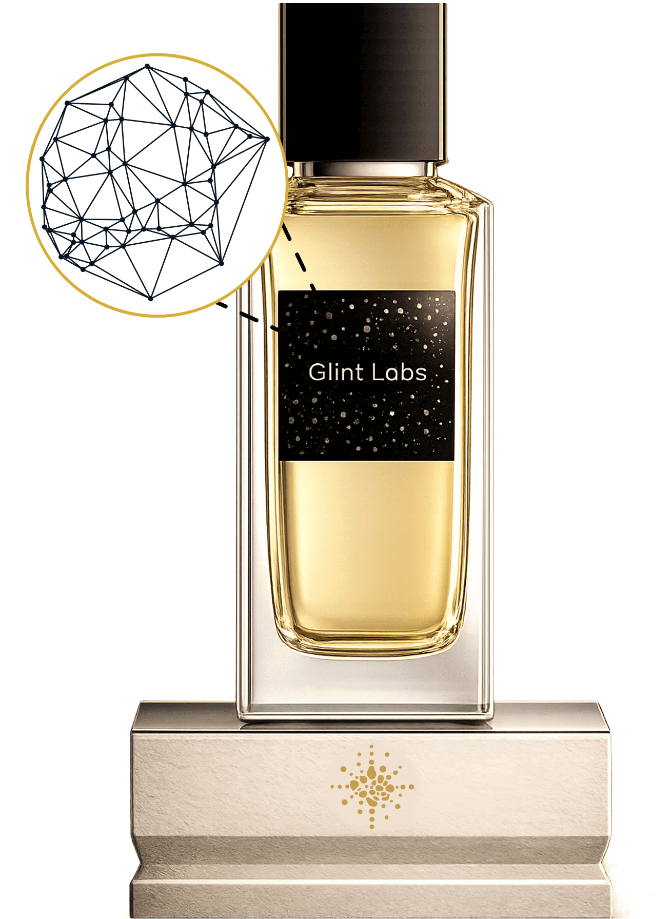 Glint Labs label integrated into a premium perfume bottle design